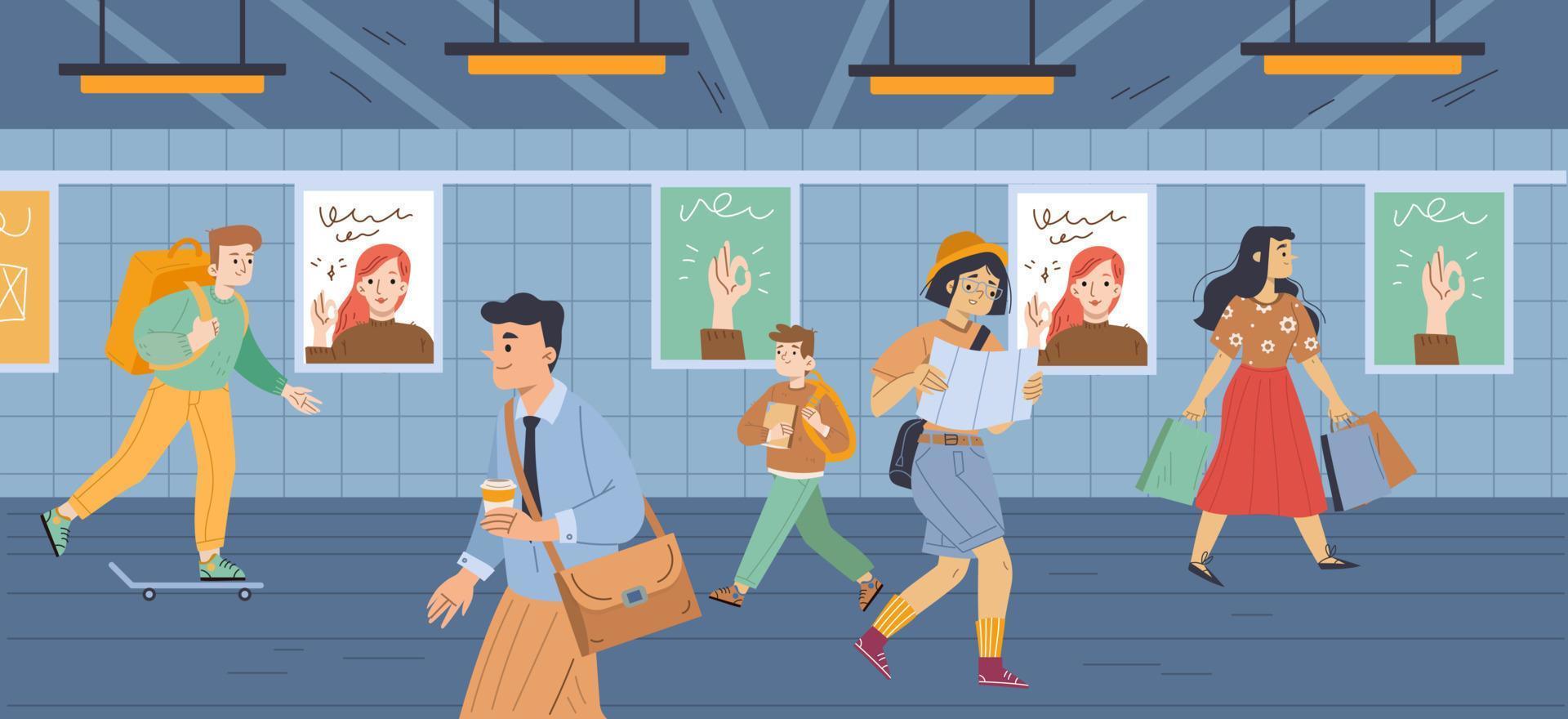 People at subway, underground crossing, metro vector