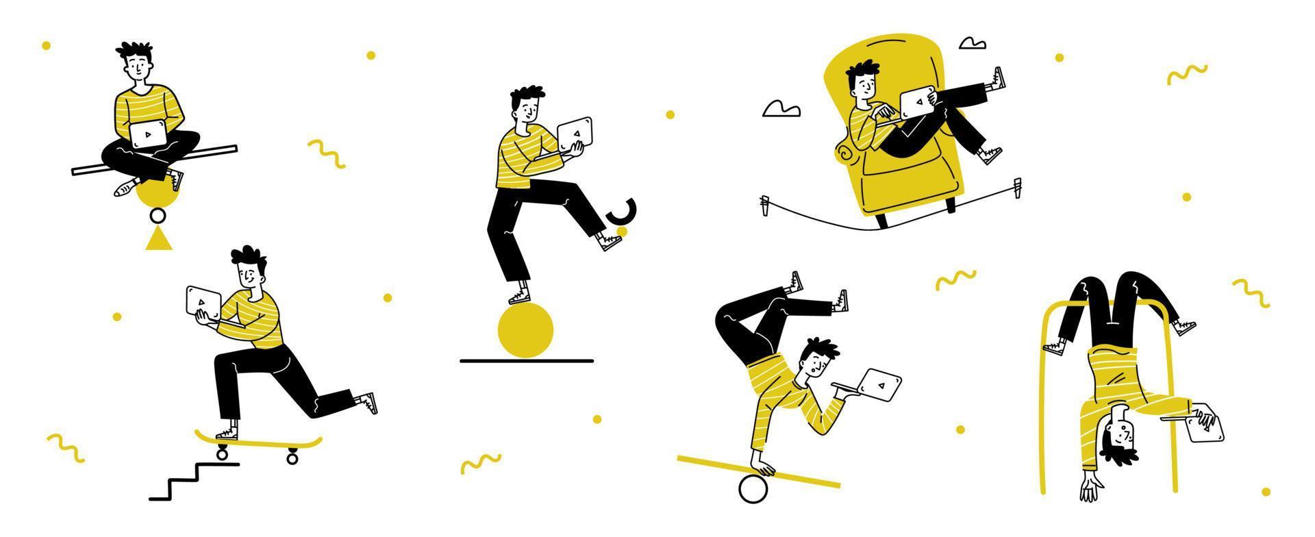 Freelancer life balance, self employed man concept vector