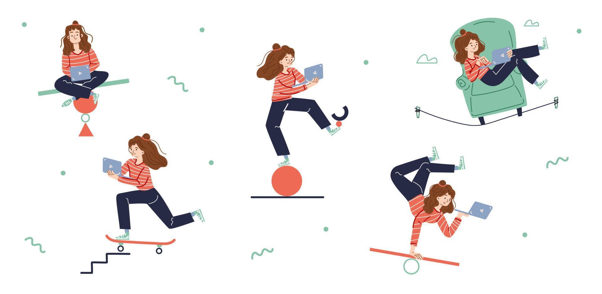 Woman work on laptop and balance on scale vector