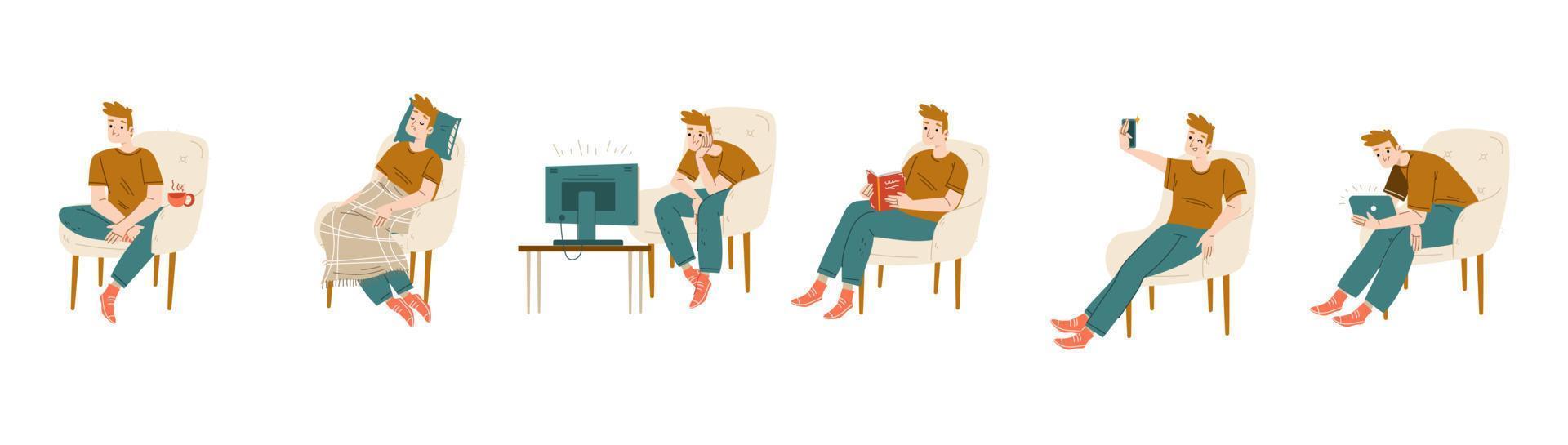 Man sitting in chair, watch tv, read book vector