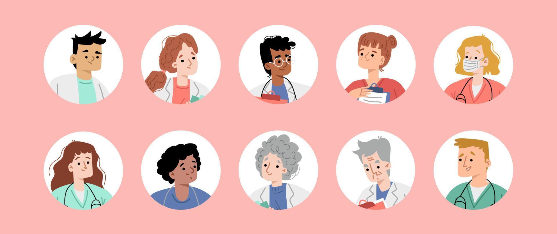 Hospital staff avatars, round icons with doctors vector