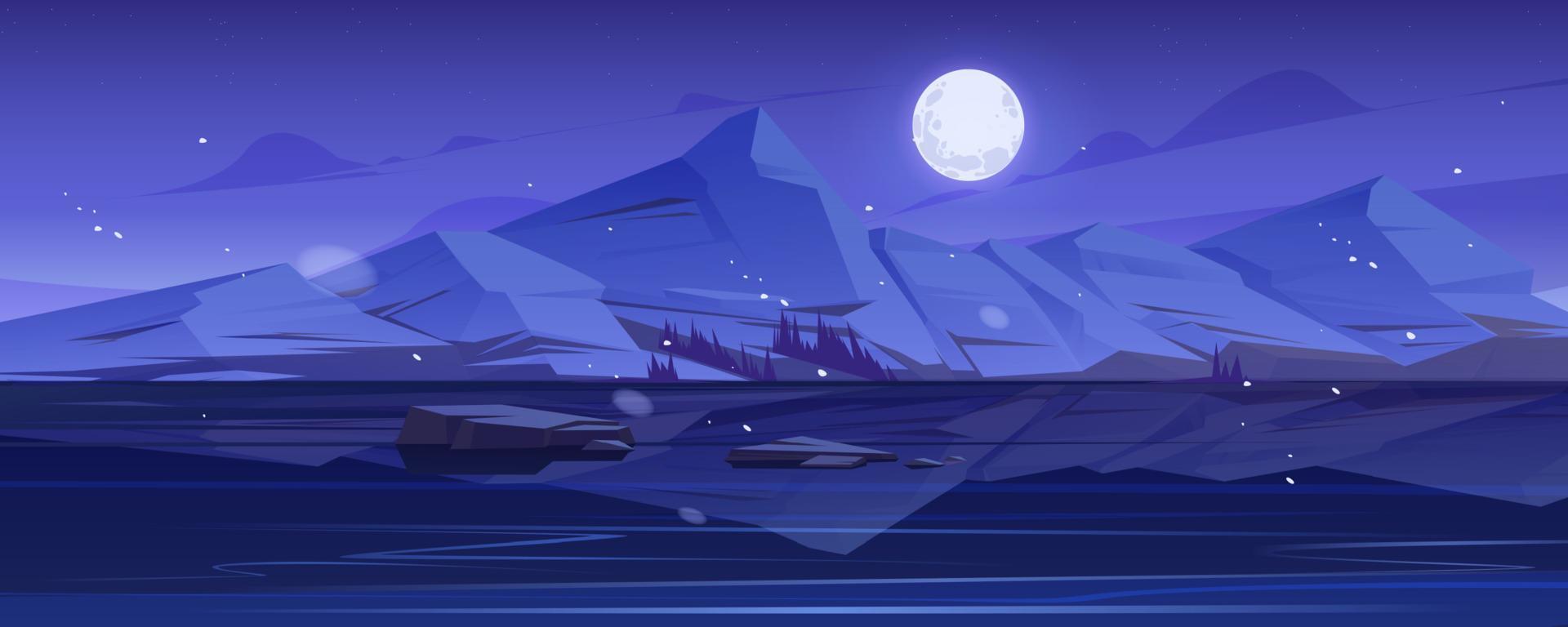 Nordic landscape with lake and mountains at night vector