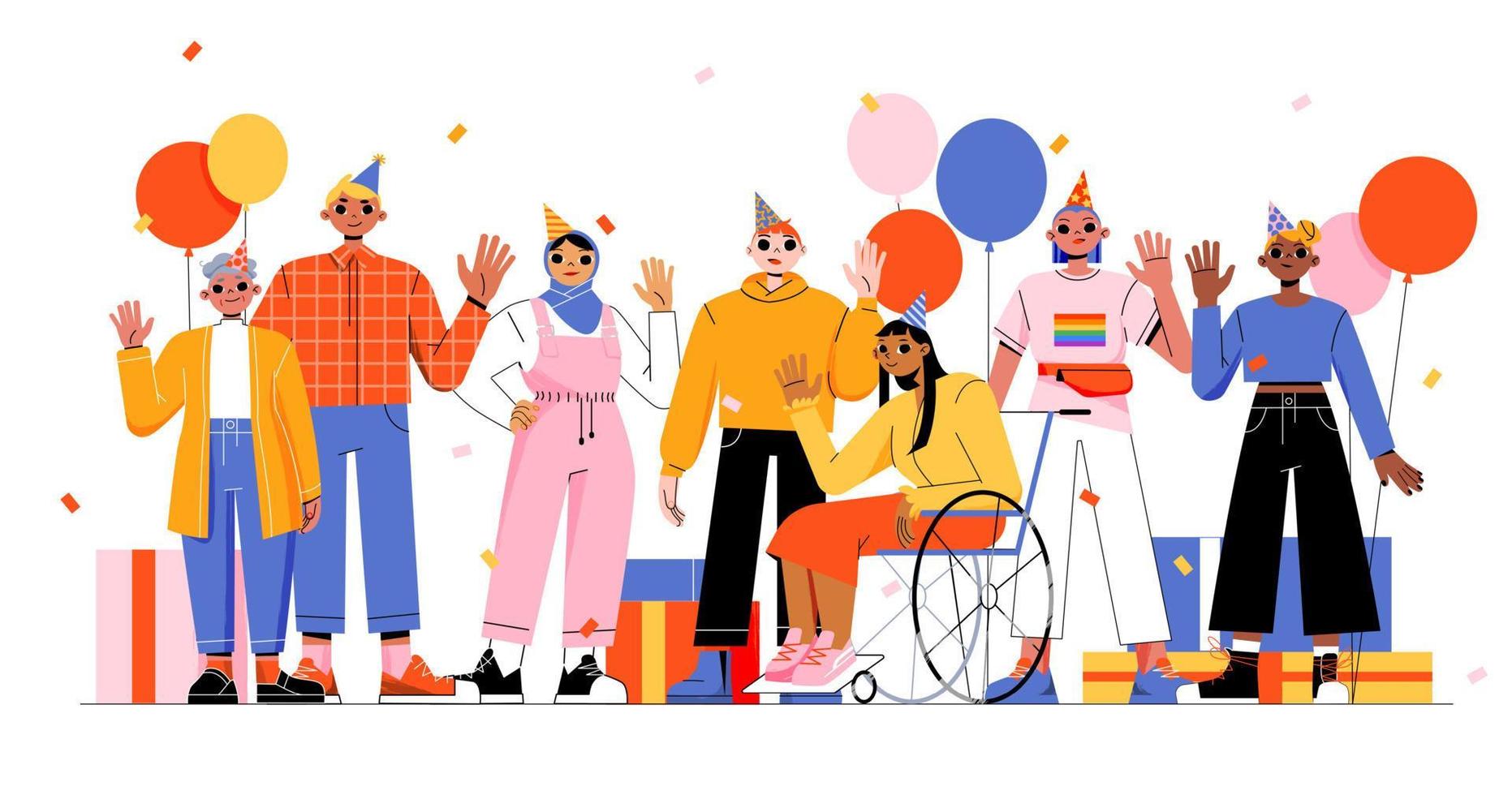 Diverse people waving hands on birthday party vector