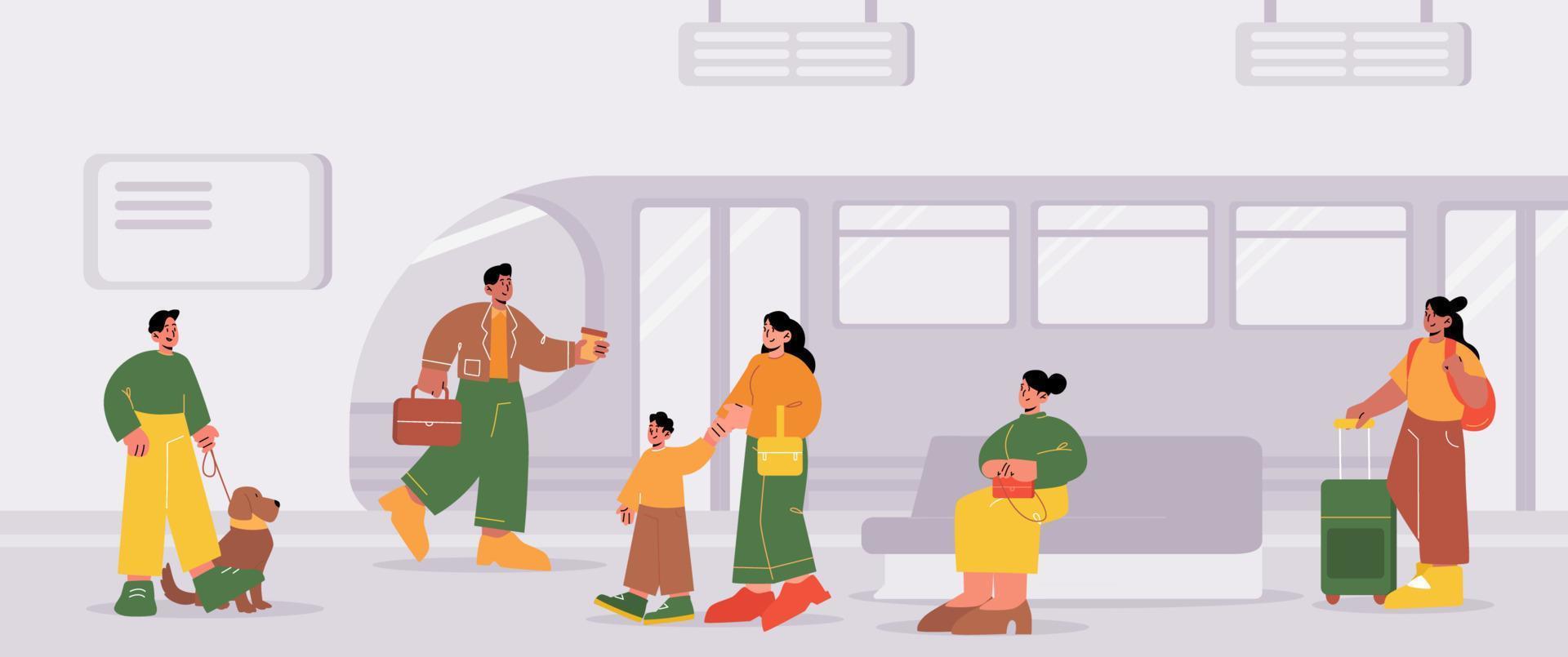 People at subway platform with train on station vector