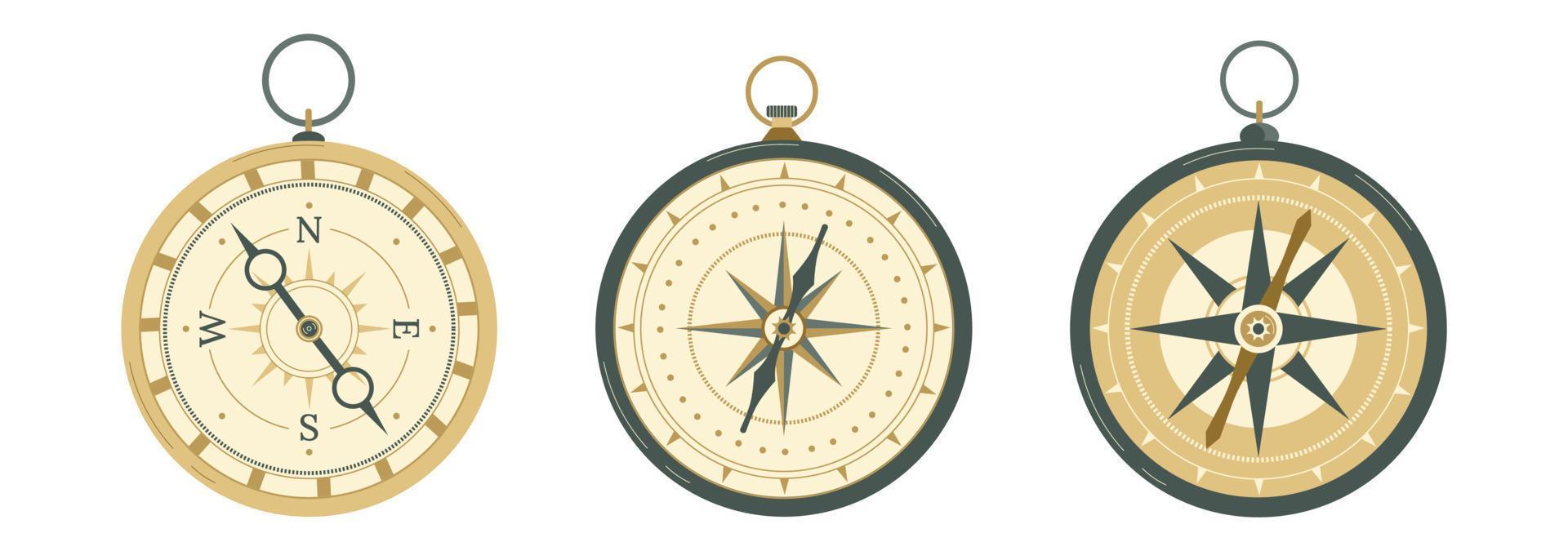 Retro compasses with rose of wind, arrow, loop vector