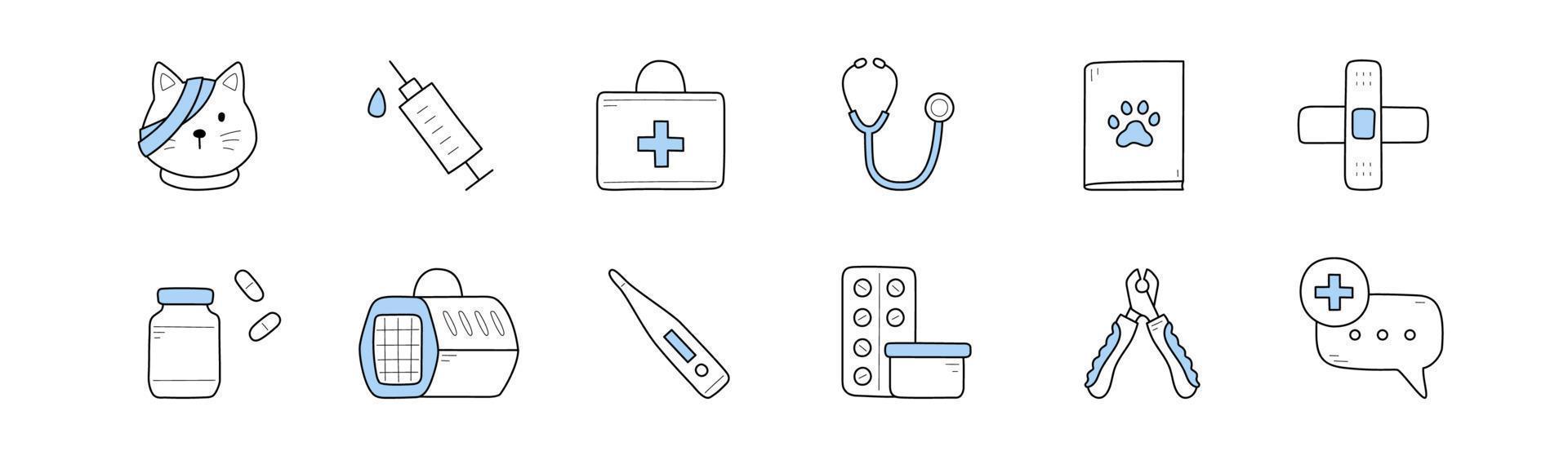 Veterinary icons with doctor case, syringe, cat vector