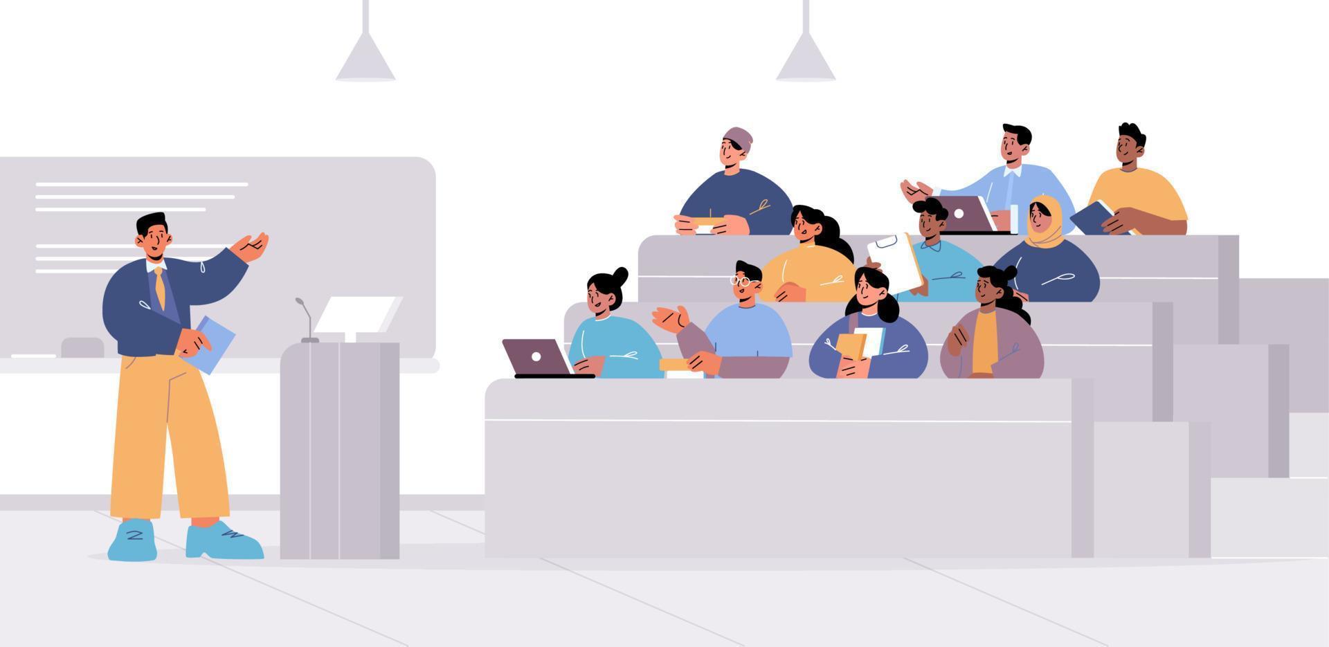 Students in lecture hall with teacher, education vector