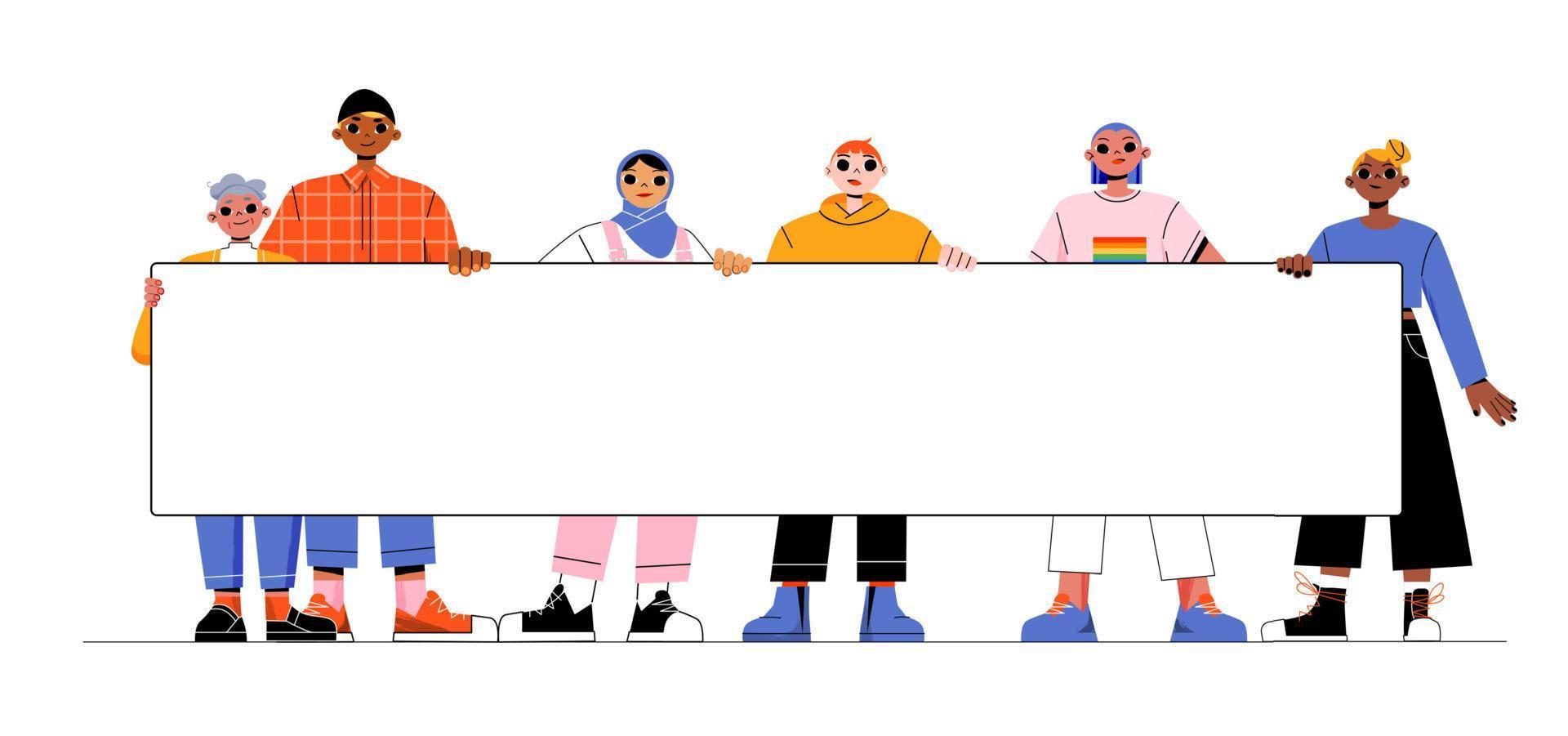 Diverse people holding empty banner, characters vector