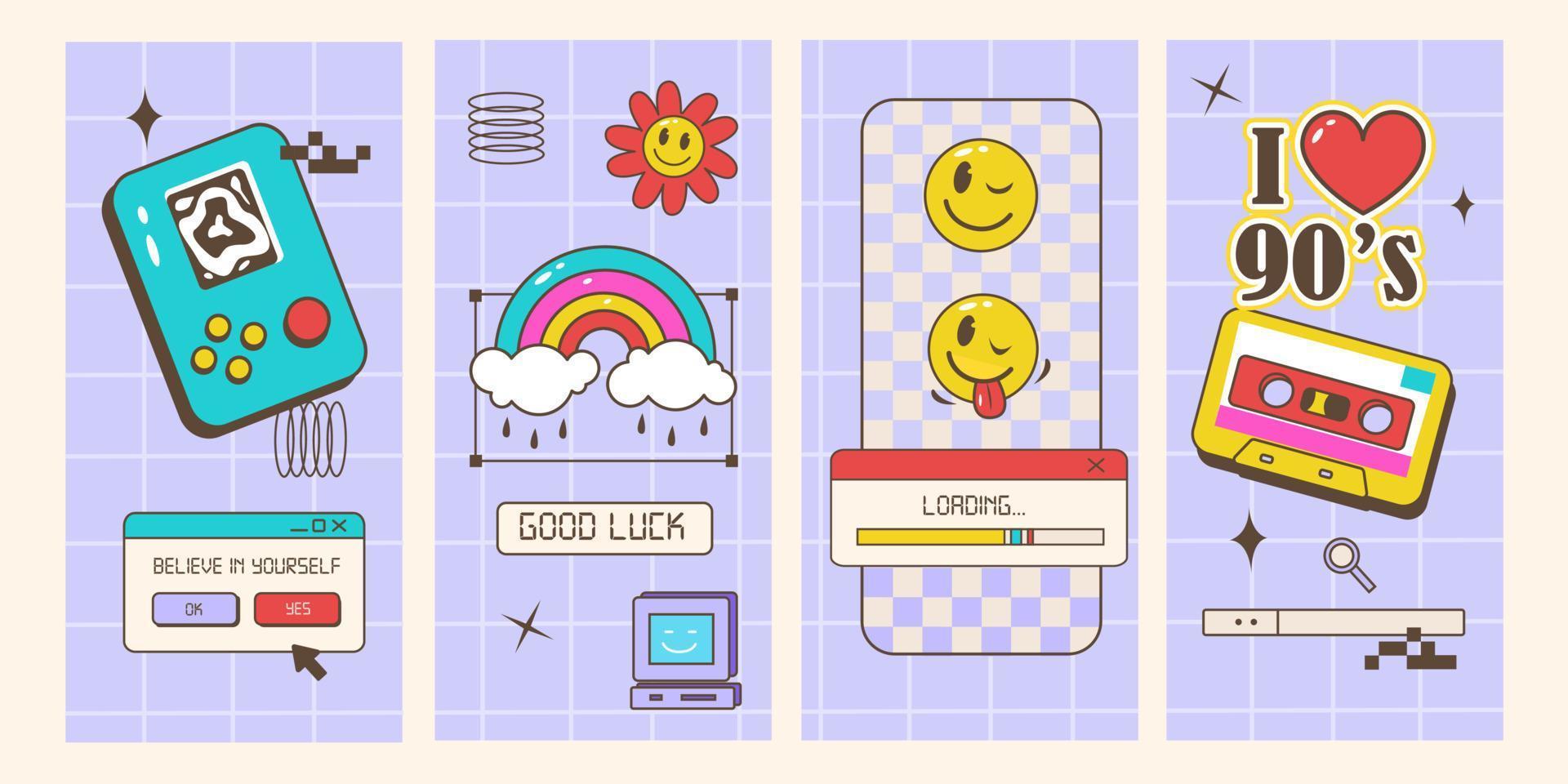 Retro browser computer window in 90s vaporwave style with smile face. Desktop PC with message windows and pop-up user interface elements. Vector illustration