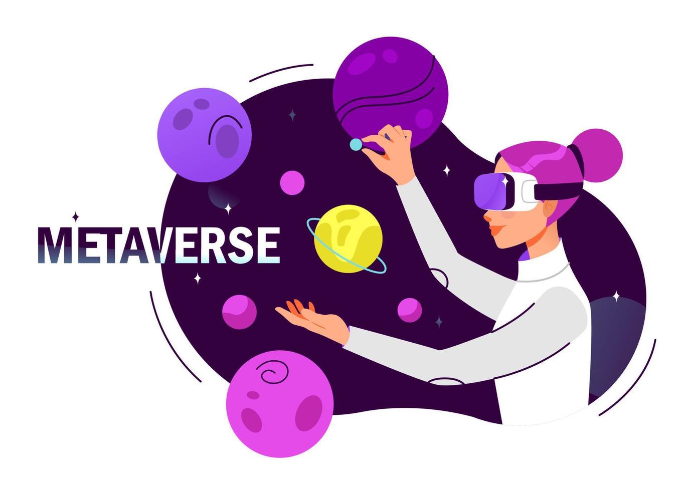 Metaverse concept. Digital Virtual Reality Technology.  Woman with glasses VR connected to the virtual space. Cartoon vector illustration
