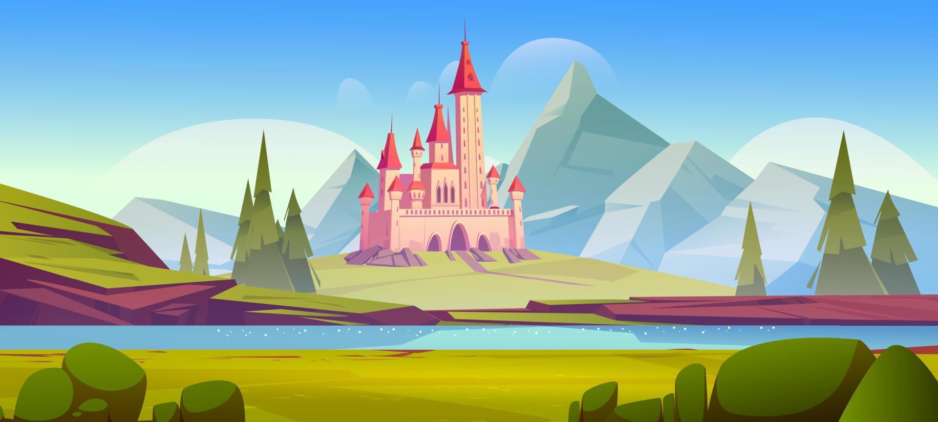 Fairy tale castle in mountain valley with river vector
