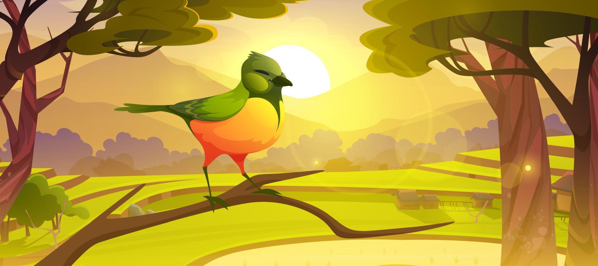 Cartoon bird sitting on tree branch, cute birdie vector