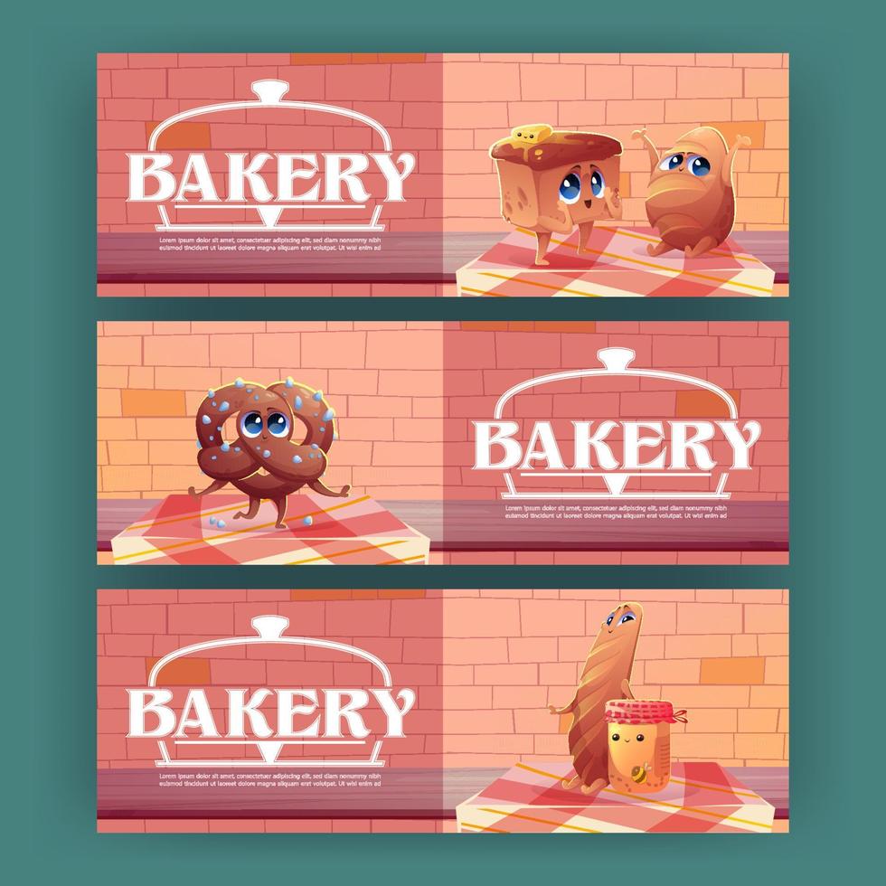 Cartoon banners with cute bakery characters, ads vector