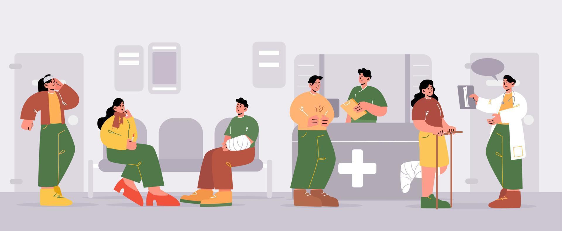 Sick people waiting in hospital hall vector