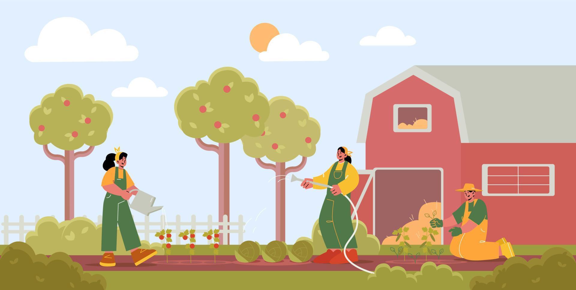 People work in garden in village or farm vector