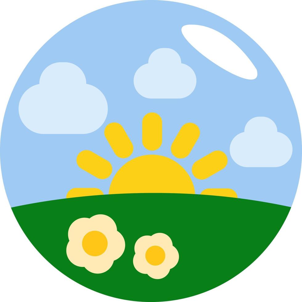 Sun rising in the field of flowers, illustration, vector on a white background.