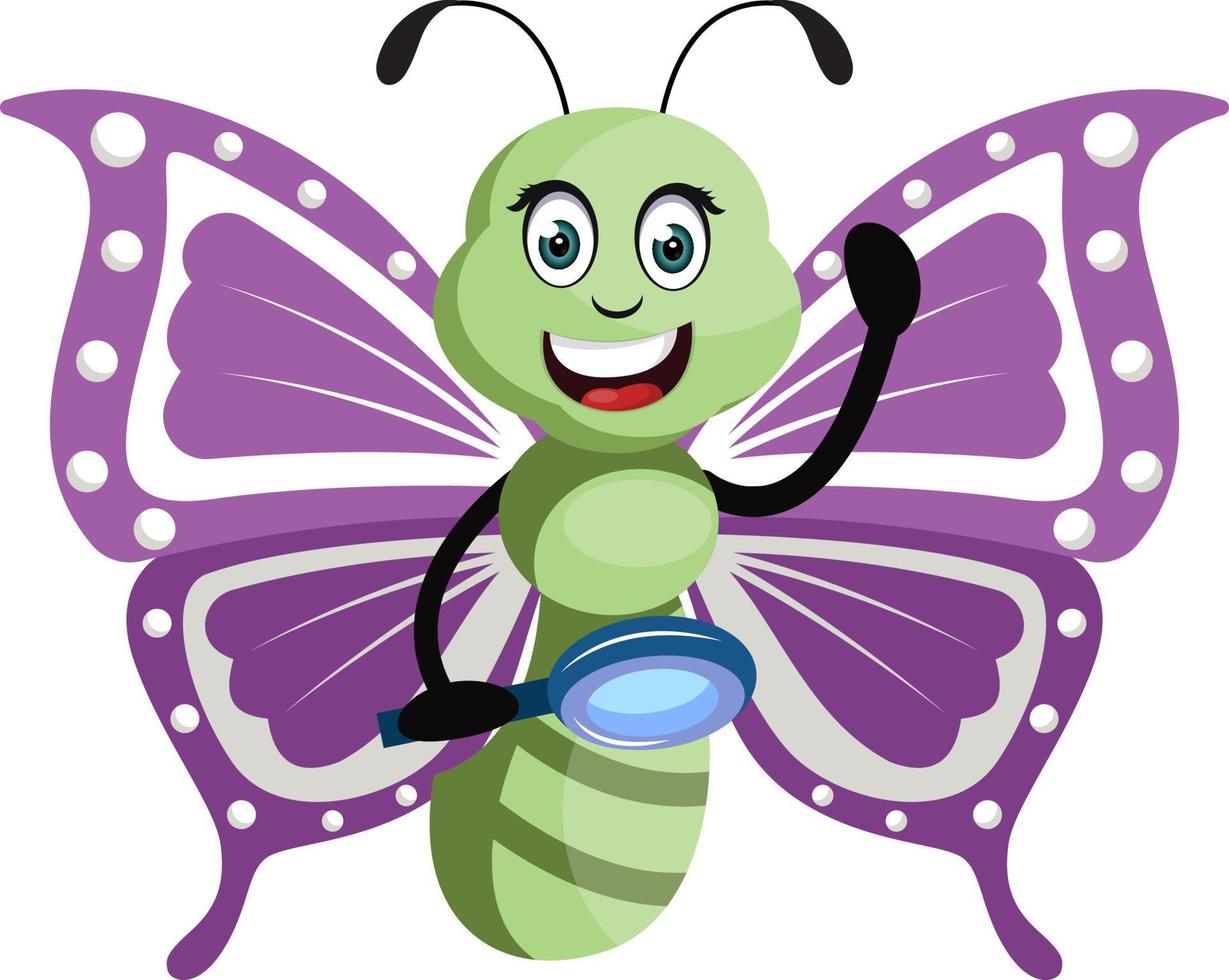 Butterfly with magnifying glass, illustration, vector on white background.