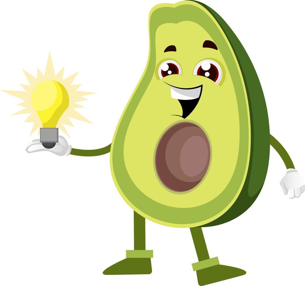 Avocado with lighting bulb, illustration, vector on white background.