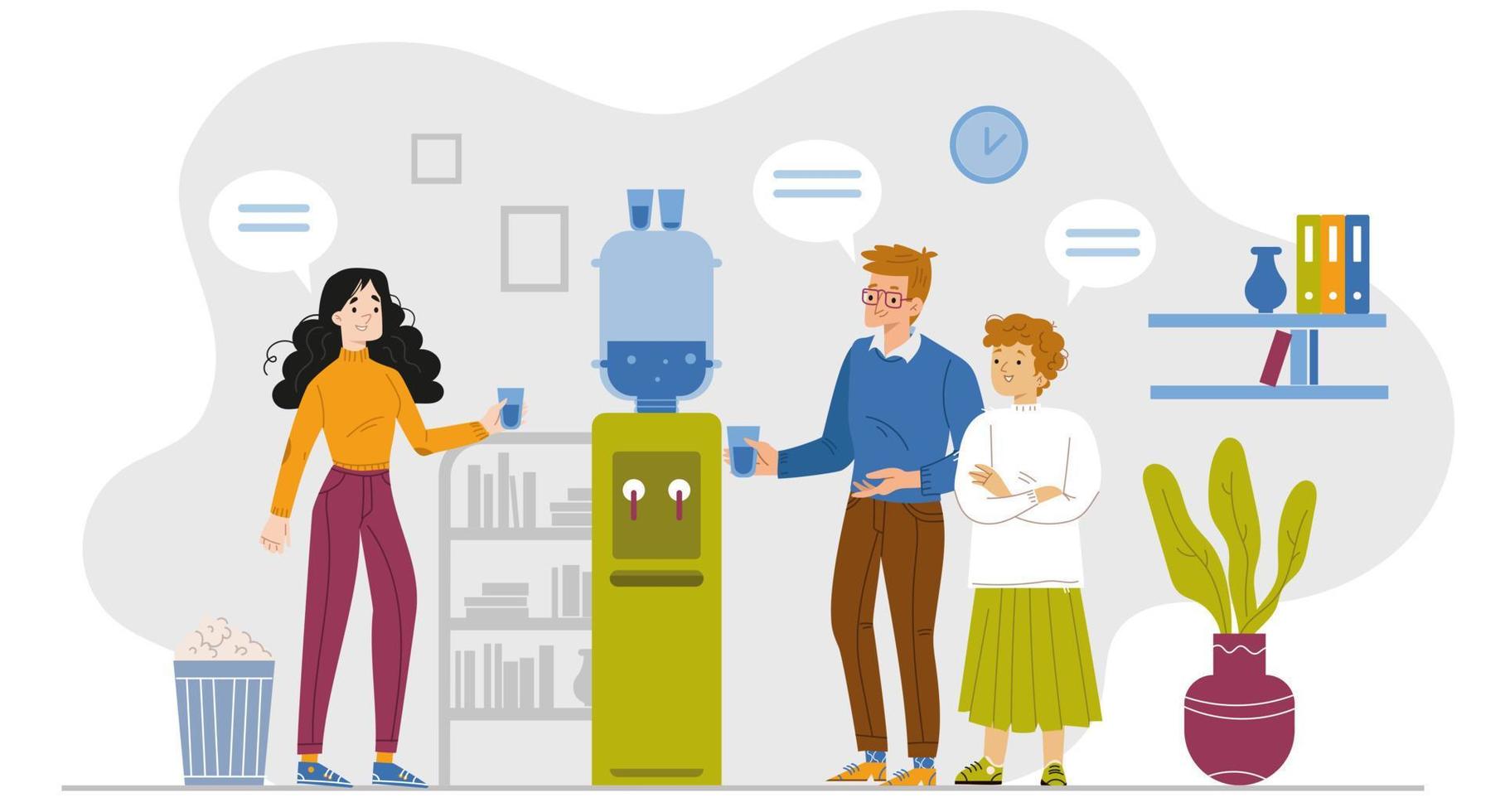 Office people stand at water cooler talk and drink vector