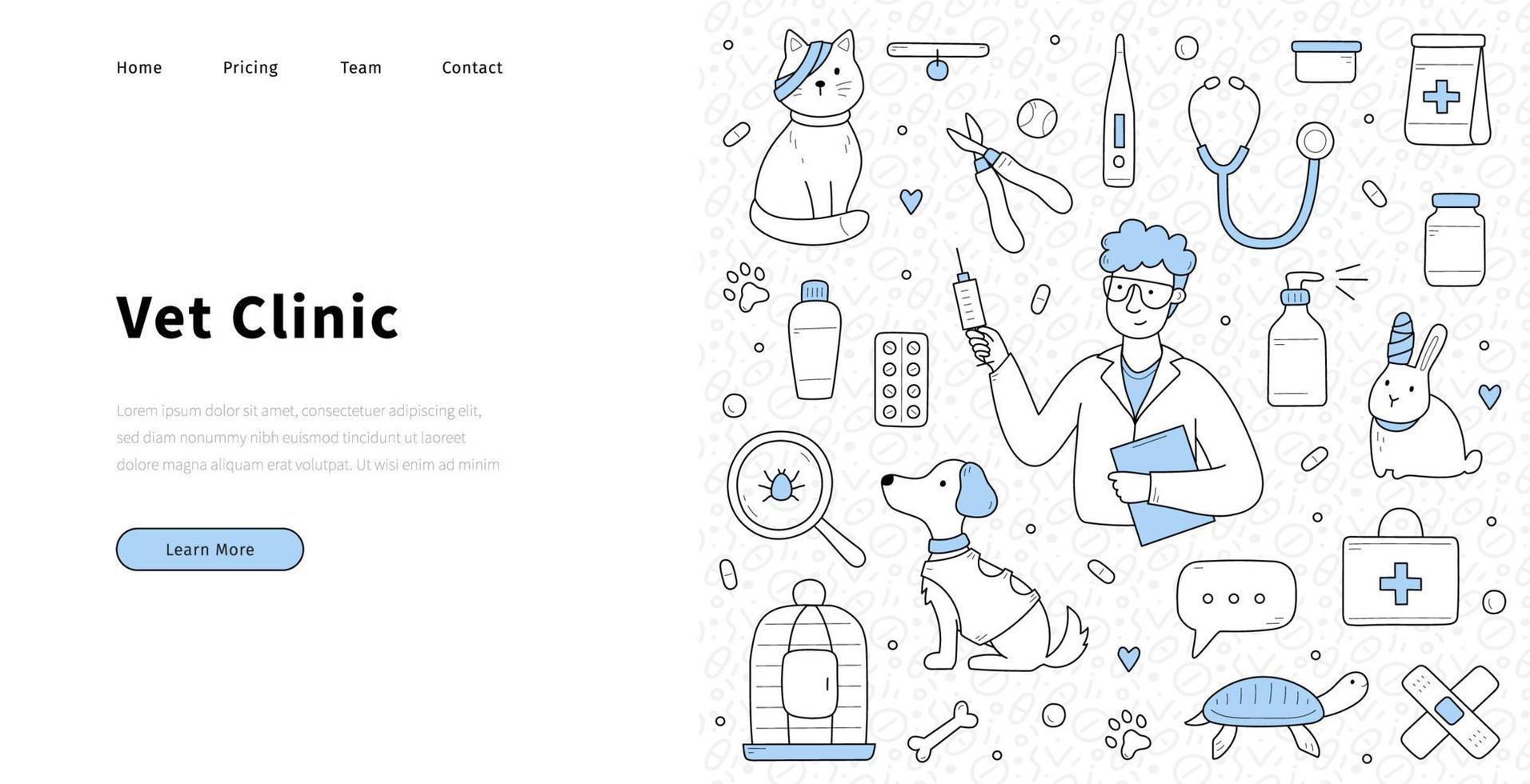 Vet clinic doodle landing page with doctor, pets vector