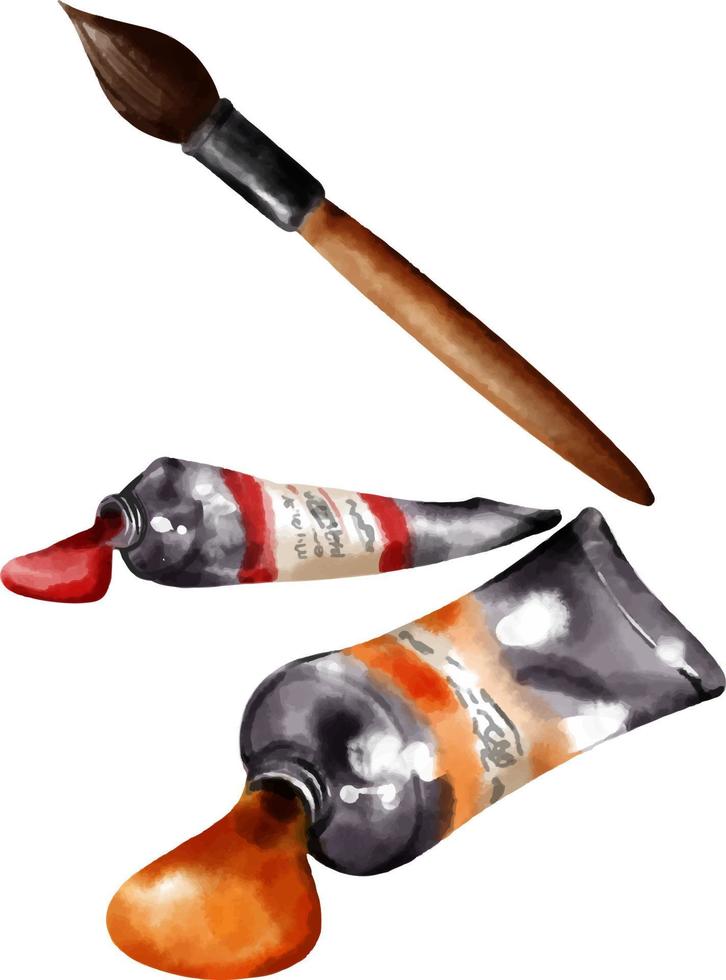 Paint tubes, paint brush. Vector watercolor drawing made by hand.