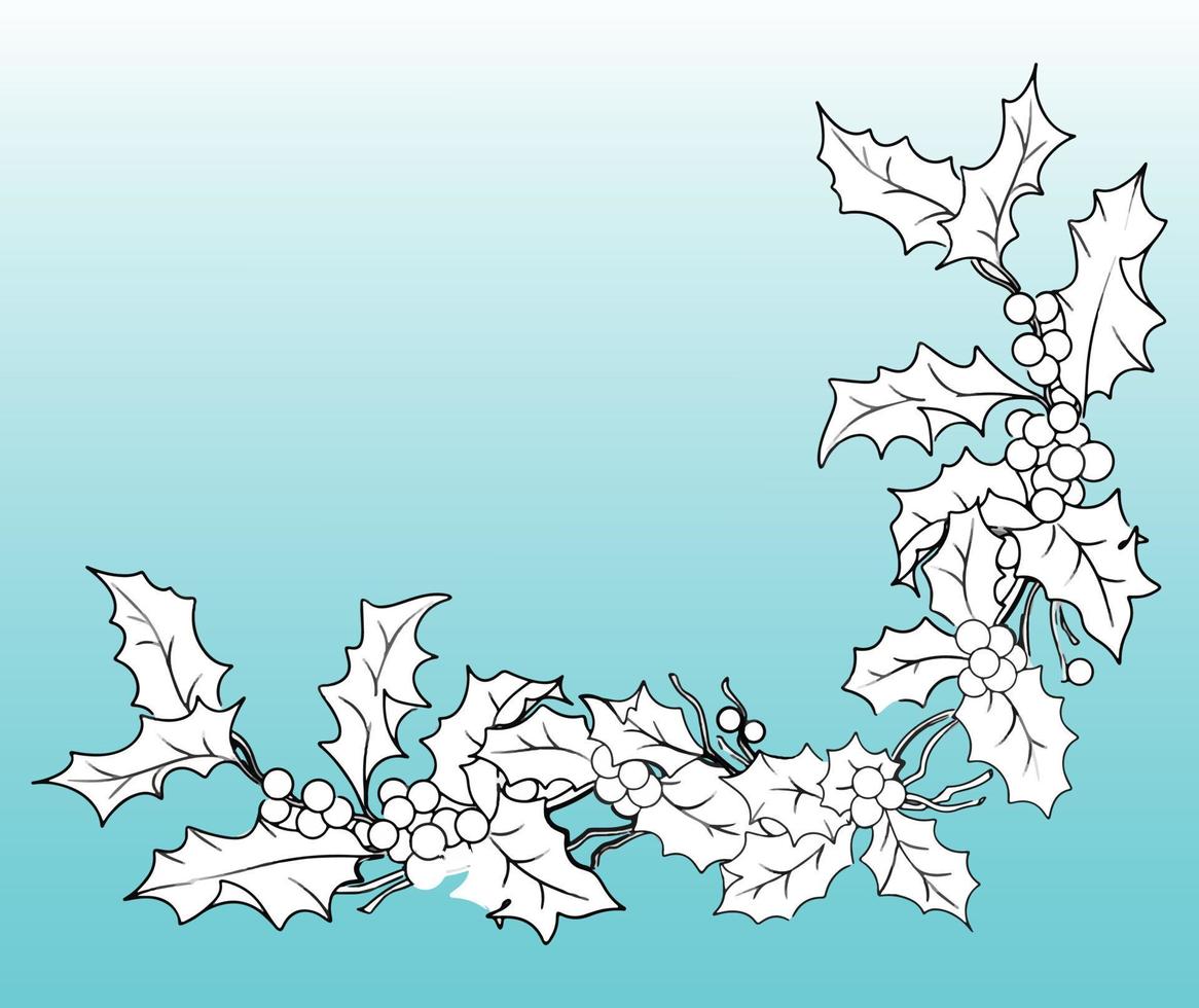 corona navideña de hojas de acebo. ilustración vectorial dibujada a mano en escala de grises. para ilustraciones y libros para colorear. vector