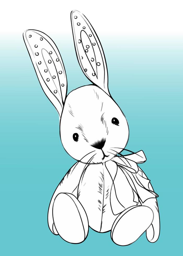 Christmas soft toy hare. Hand drawn vector illustration in grayscale. For illustrations and coloring books.