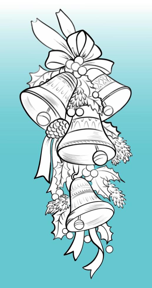 Christmas garland with bells, cones, holly leaves. Hand drawn vector illustration in grayscale.