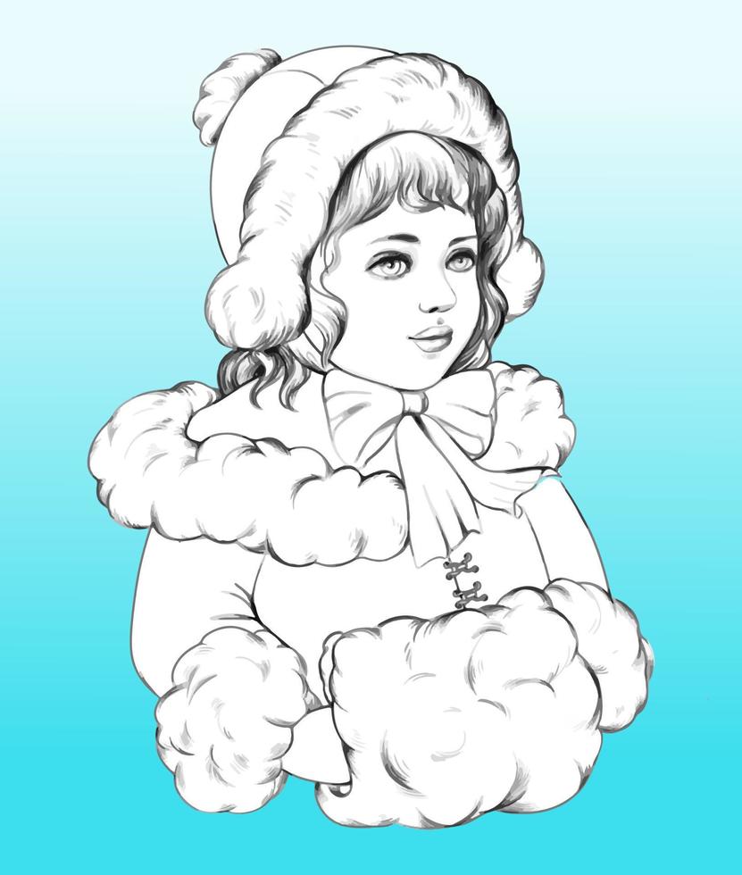 Vintage girl in winter clothes hand drawn in shades of gray. For designs, illustrations and coloring books for Christmas. vector