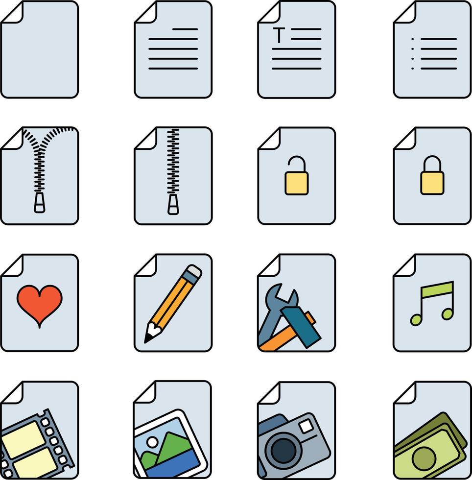 Paper document page folded paper icon set, vector illustration, designed in filled outline and can be used for web, set includes icons as paper document, wishlist, sticky note paper, clipboard