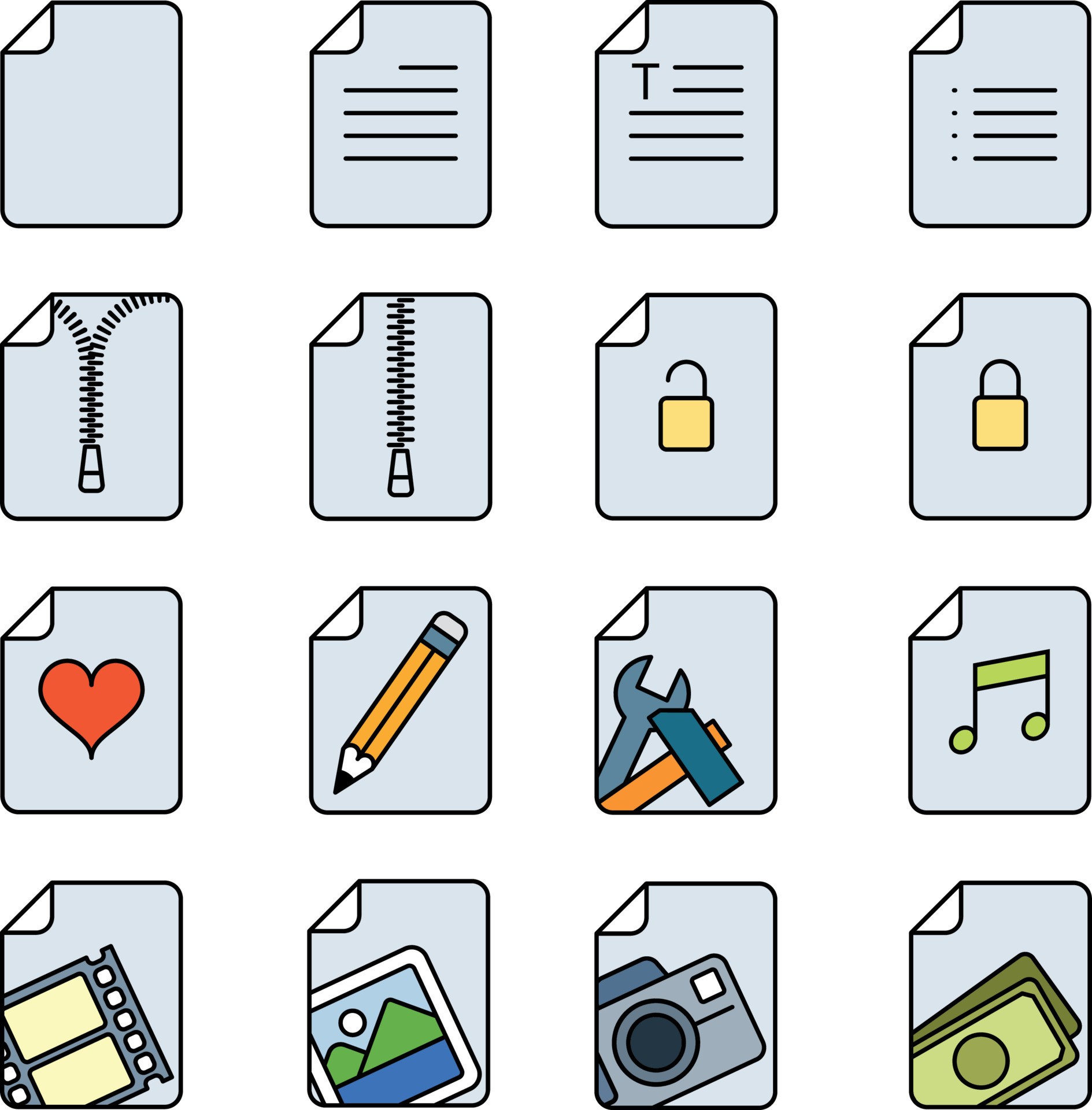 Paper document page folded paper icon set, vector illustration