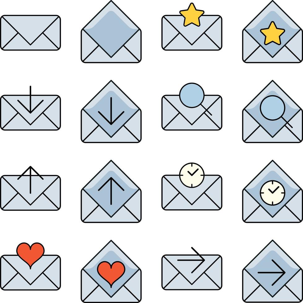 conjunto de iconos de correo electrónico de color y contorno, pictograma de sobre abierto, símbolo de correo de línea para el diseño del sitio web, aplicación móvil de la aplicación e interfaz de usuario. Ilustración de vector de buzón de mensaje de correo.