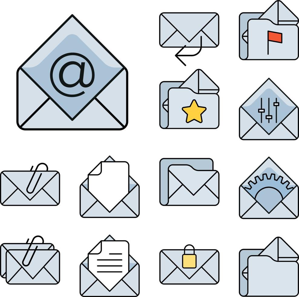 conjunto de iconos de correo electrónico de color y contorno, pictograma de sobre abierto, símbolo de correo de línea para el diseño del sitio web, aplicación móvil de la aplicación e interfaz de usuario. Ilustración de vector de buzón de mensaje de correo.