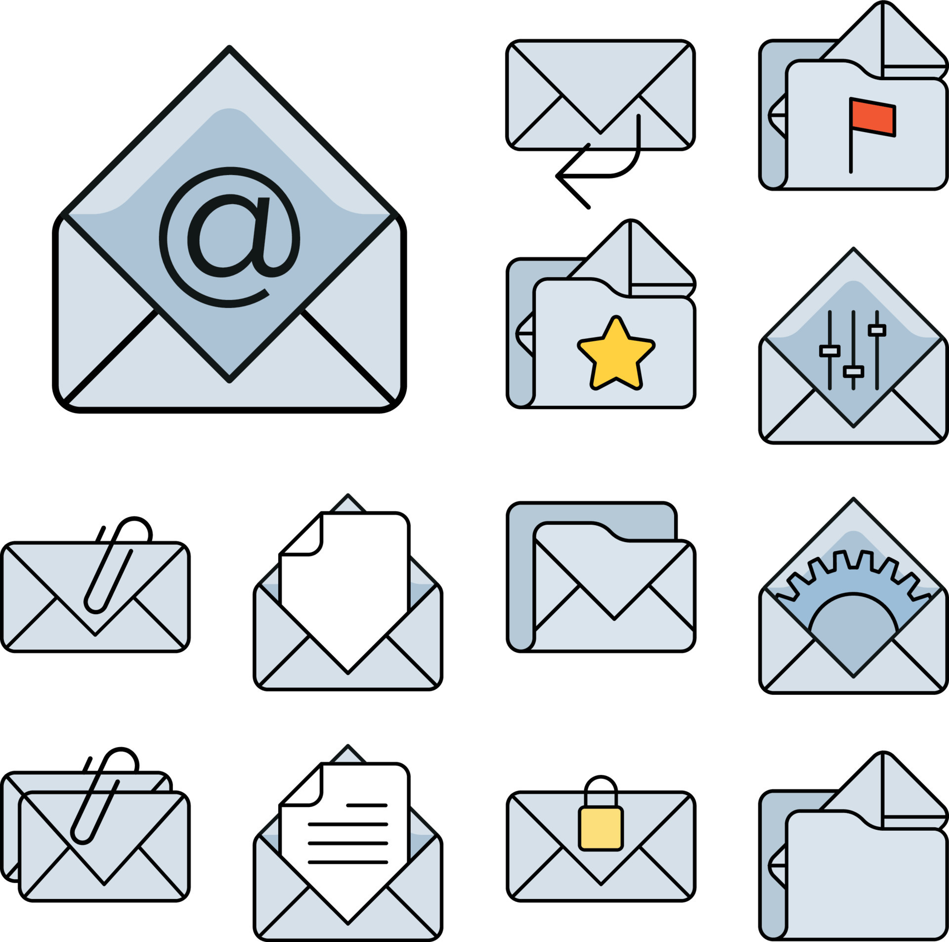 Colored and outline email icon set, open envelope pictogram, line mail