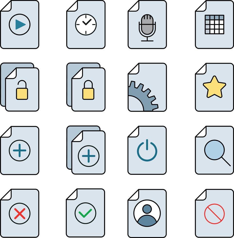 Paper document page folded paper icon set, vector illustration, designed in filled outline and can be used for web, set includes icons as paper document, wishlist, sticky note paper, clipboard
