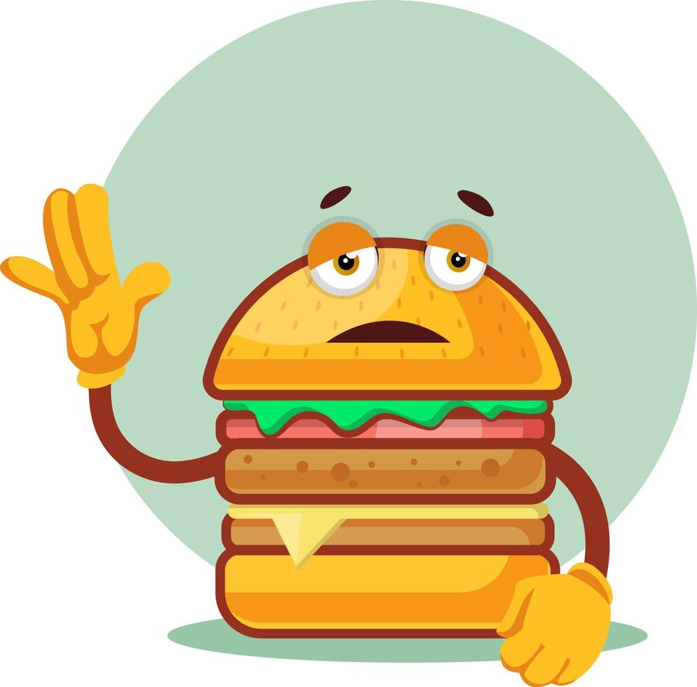 Burger is holding one hand up, illustration, vector on white background.