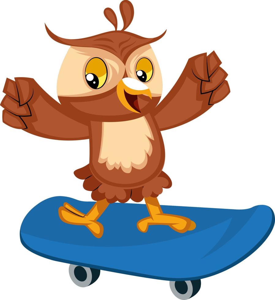 Owl riding skateboard, illustration, vector on white background.