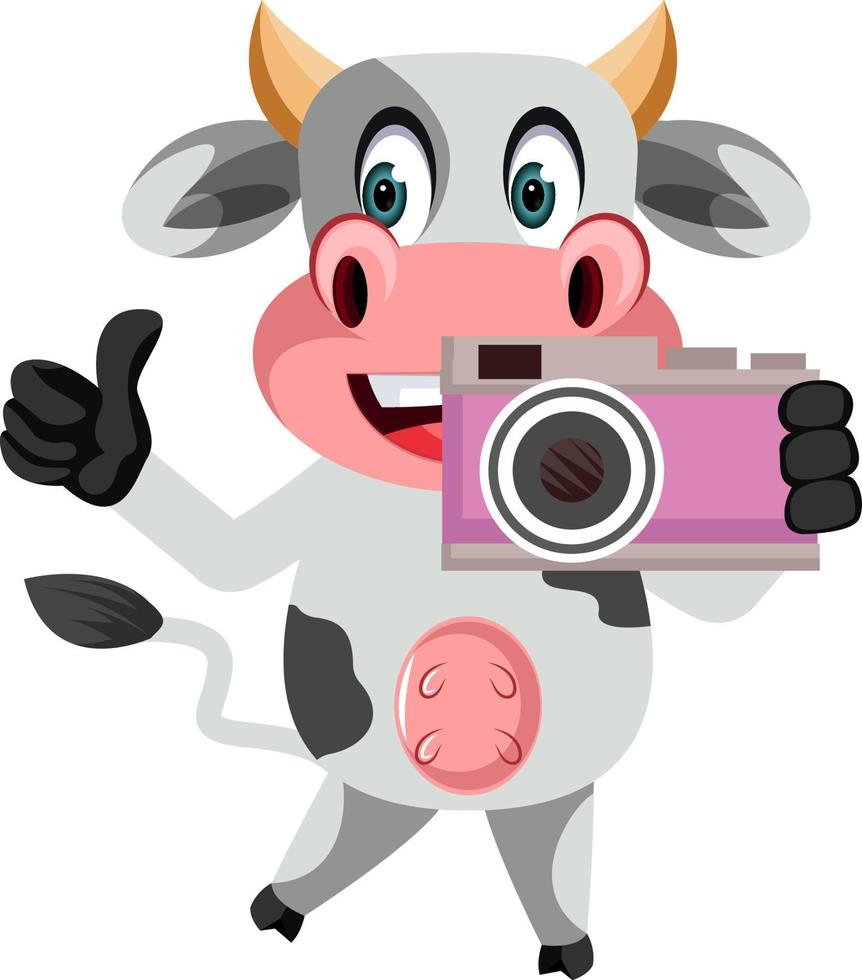 Vaca con cámara, ilustración, vector sobre fondo blanco.