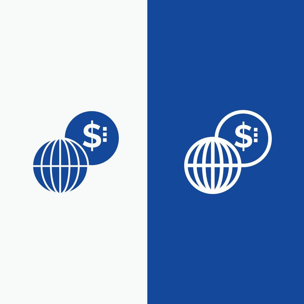 negocios mercados globales línea moderna y glifo icono sólido línea de banner azul y glifo icono sólido azul vector