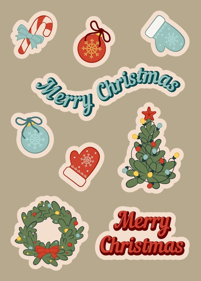 Set of hand drawn Christmas decorative elements. Cozy winter clipart. Colorful vector illustrations collection. Merry Christmas. Seasonal Xmas greetings bundle.