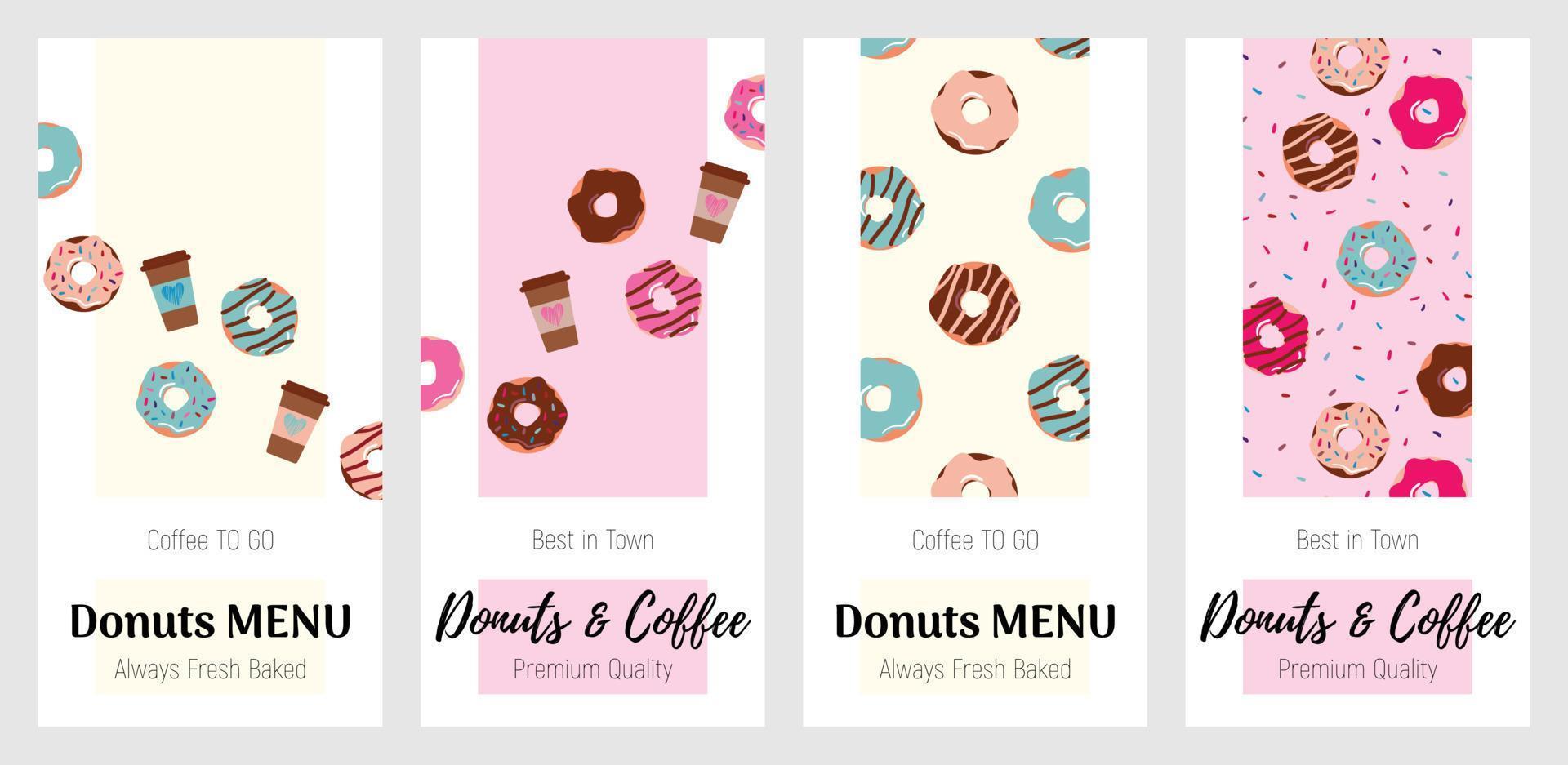 conjunto de pancartas para la tienda de donuts de panadería y el menú de café. ilustración vectorial para banner, volante, portada, publicidad, menú, póster. vector