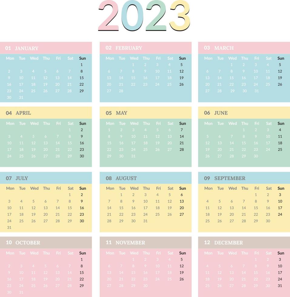 Calendar for 2023, Pastel Colorful calendar 2023, Vector 2023 calendar design, Calendar 2023 week starts Monday