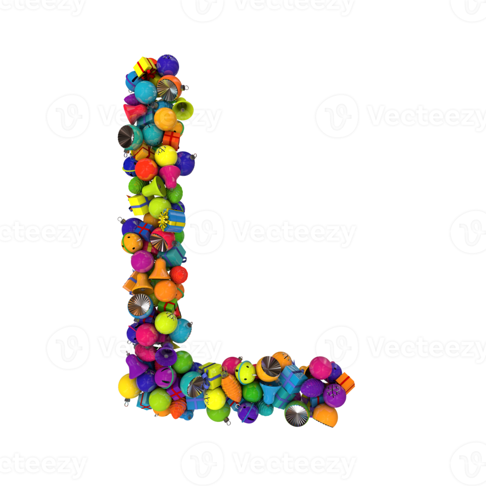 Holiday letters typography out of Christmas ornaments with vibrant random colors L png