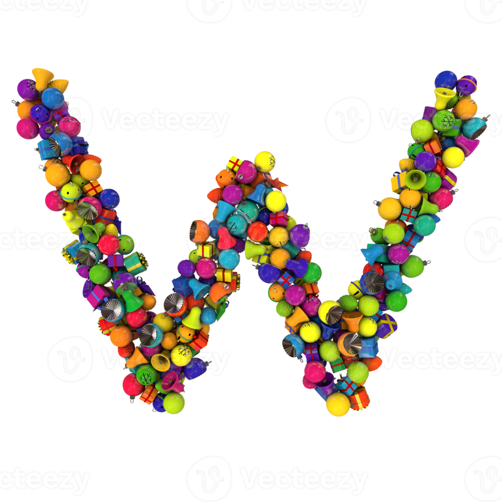 Holiday letters typography out of Christmas ornaments with vibrant random colors W png