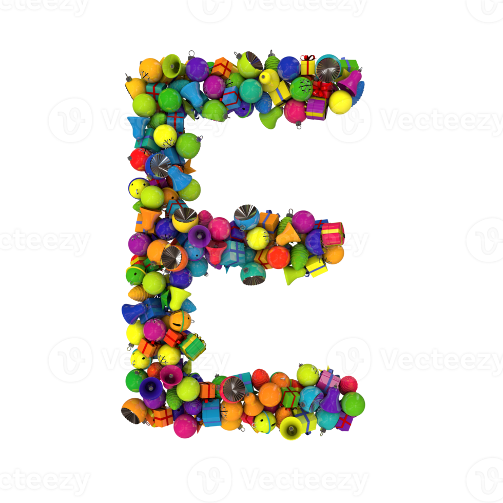 typographie de lettres de vacances à partir d'ornements de noël avec des couleurs aléatoires vibrantes e png