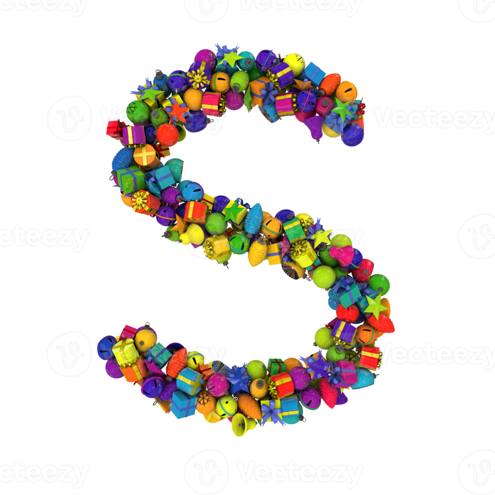 typographie de lettres de vacances à partir d'ornements de noël avec des couleurs aléatoires vibrantes s png