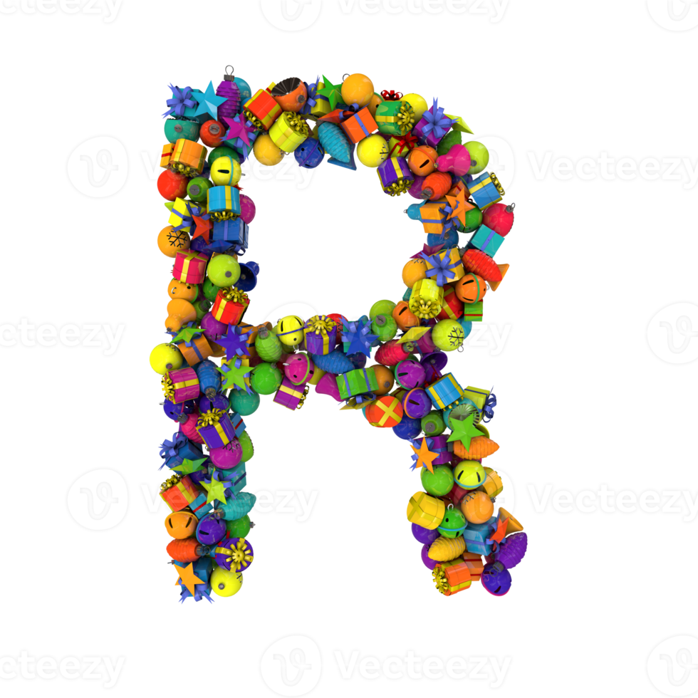 Holiday letters typography out of Christmas ornaments with vibrant random colors R png