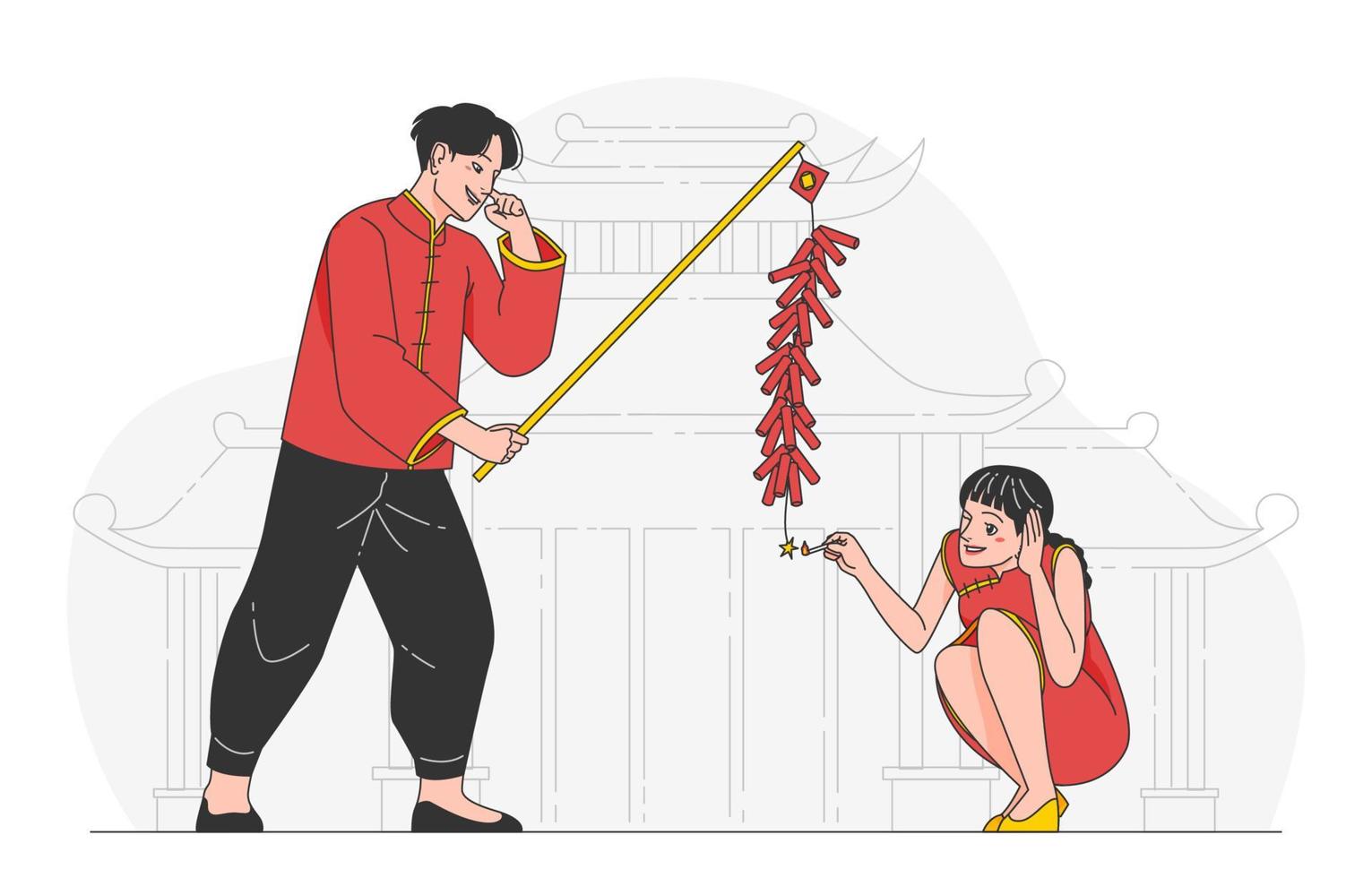 pareja jugando petardos en año nuevo chino vector