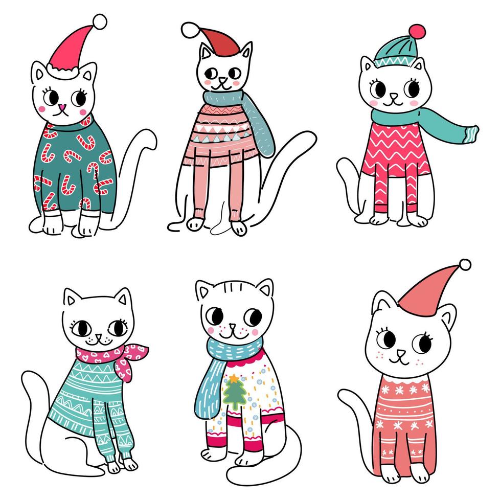 vector de conjunto de dibujos animados de navidad 6 gatos lindos en suéter