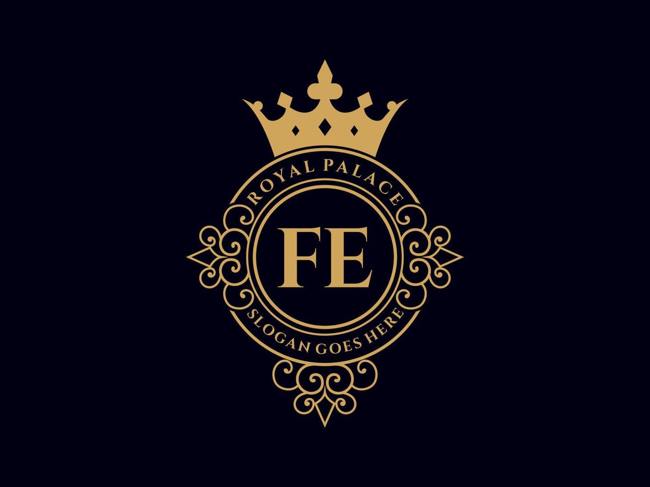 Letter FE Antique royal luxury victorian logo with ornamental frame. vector